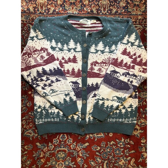 VTG Northern Reflections Winter Ski Holiday Cardigan Sweater Blue White Size L - Picture 1 of 5